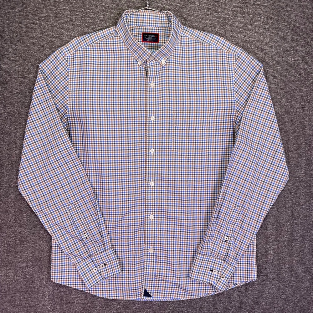 UNTUCKit Button Down Mens L Blue Brown Gingham Slim Casual Masseto Shirt Preppy